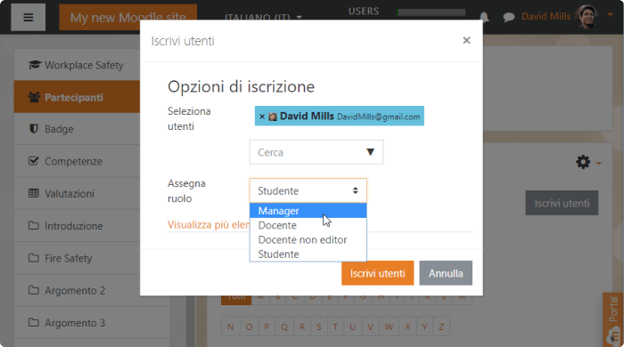 Per creare un corso Moodle assegnati il ruolo di manager