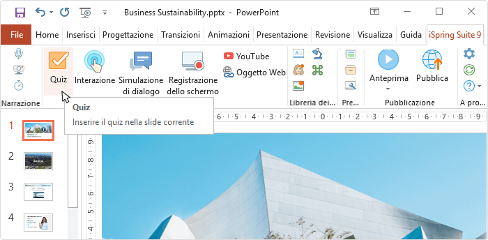 iSpring Suite ti permette di offrire il materiale didattico in diversi formati. iSpring Suite ti aiuta a rafforzare le tue diapositive tramite elementi interattivi e a convertirle nel formato SCORM.