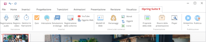 Barra degli strumenti di iSpring Suite