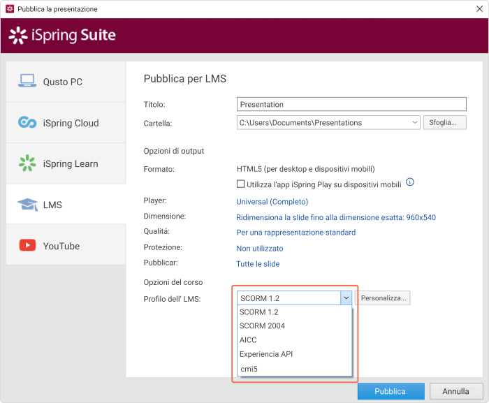 Opzioni di pubblicazione di iSpring Suite