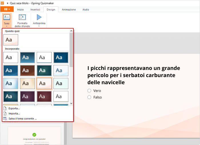 Configurare il design dei quiz su iSpring QuizMaker