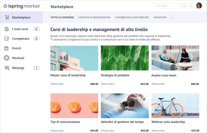 Piattaforma per vendere corsi online iSpring Market