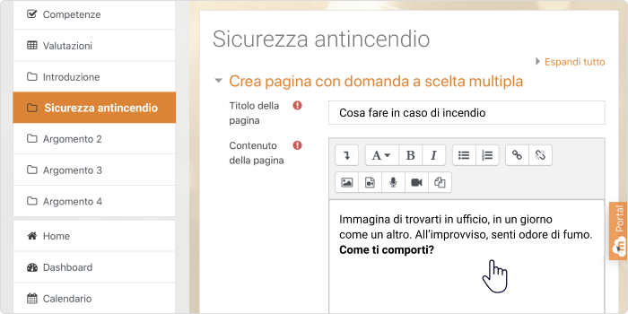 Crea un corso Moodle con una pagina di domanda a scelta multipla