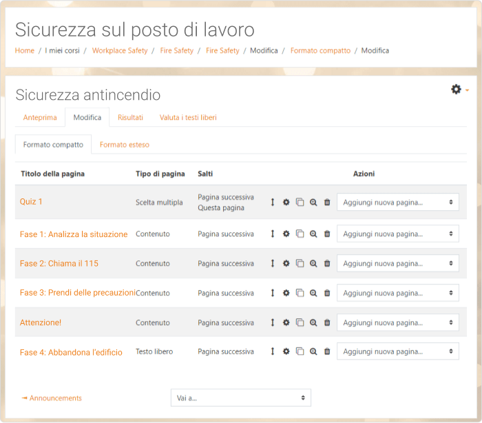 La struttura di un corso di esempio per Moodle