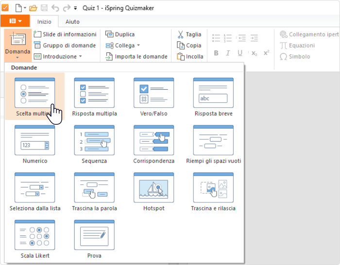 L’interfaccia di iSpring QuizMaker ti consente di visualizzare l’anteprima di qualsiasi compito