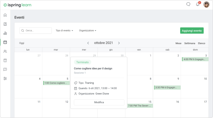 Un calendario degli eventi in iSpring Learn LMS Un calendario degli eventi in iSpring Learn LMS