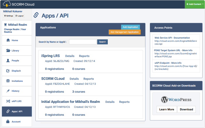 API to add your LRS app SCORM Cloud Apps