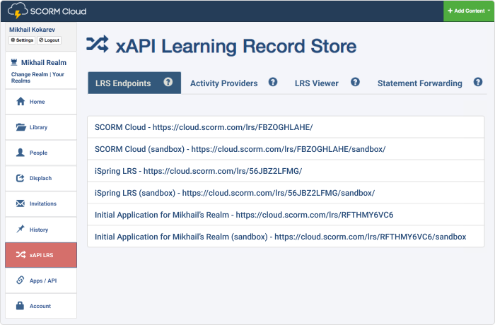Elenco degli endpoint LRS di SCORM Cloud xAPI SCORM Cloud xAPI LRS