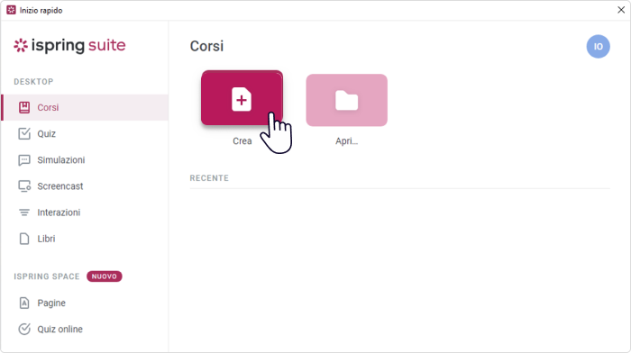 Finestra di avvio rapido di iSpring Suite Creare un corso xAPI in iSpring Suite