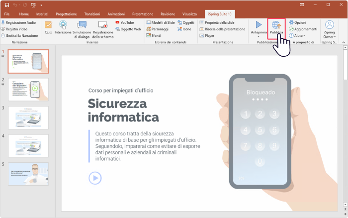 Pulsante Pubblica sulla barra multifunzione di iSpring Corso xAPI in iSpring Suite