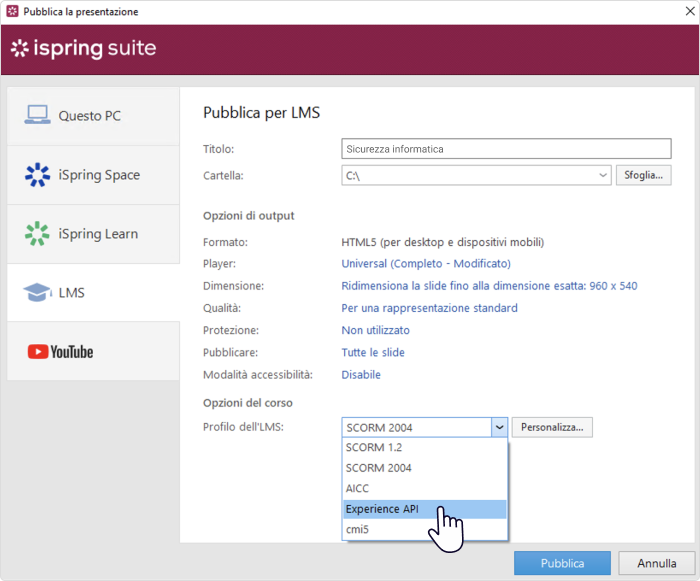 Menu del profilo LMS Menu del profilo LMS in iSpring Suite
