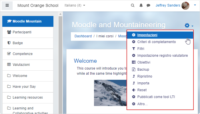 Modificare le impostazioni di un corso Moodle in italiano