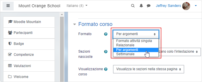 Scegliere il formato del corso Moodle in italiano dal menu a tendina