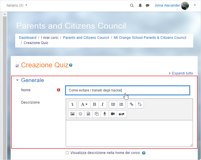 Menu per la modifica di un quiz in un manuale Moodle