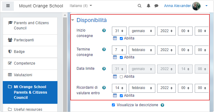 Impostazioni disponibilità di un compito in un corso Moodle in italiano