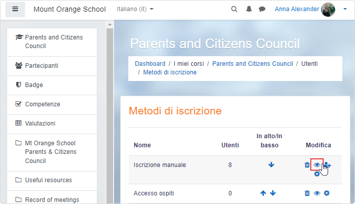 Metodi di iscrizione a un corso in un manuale Moodle