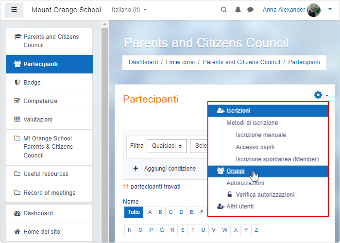 Gruppi in un corso Moodle in italiano