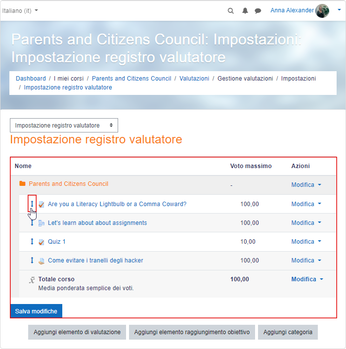 Impostazioni categorie del registro valutatore di un corso in un manuale Moodle