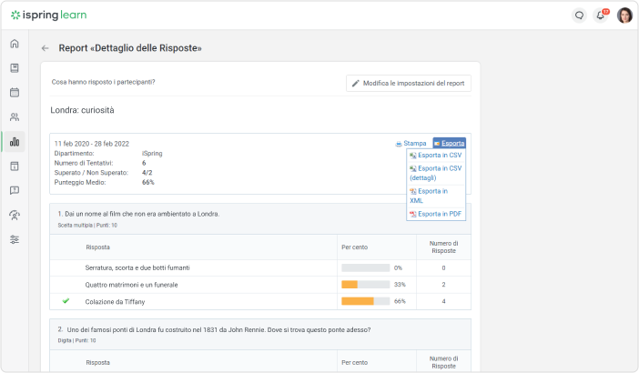 Report analisi delle risposte in iSpring Learn