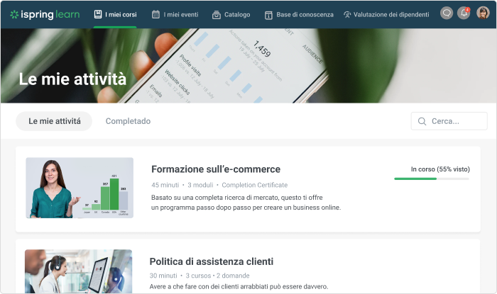 iSpring Learn fornisce gli strumenti necessari per gestire le risorse umane nel percorso di apprendimento