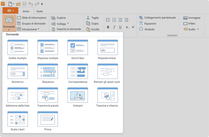 Domande in iSpring Suite Domande nel toolkit di authoring di iSpring Suite