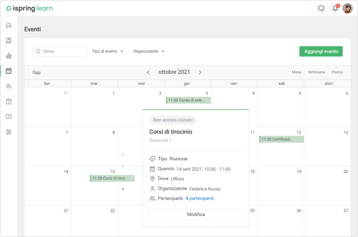 La funzione di calendario del software di gestione della formazione aziendale iSpring Learn