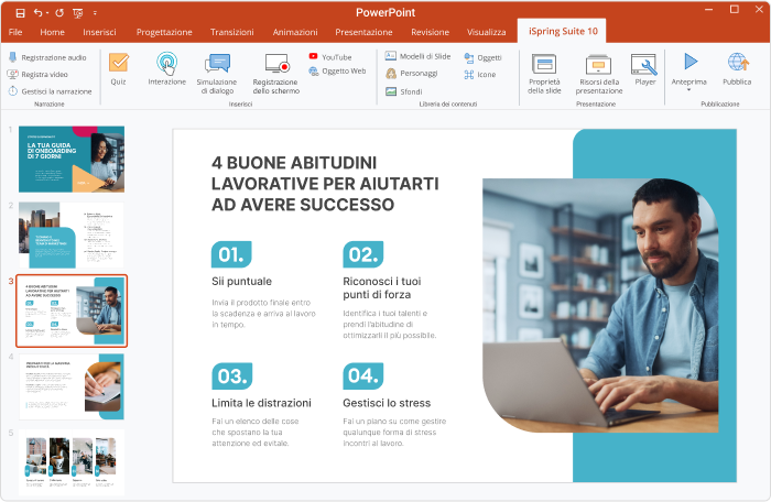 iSpring Suite iSpring Suite funziona direttamente dentro PowerPoint e permette di realizzare presentazioni interattive