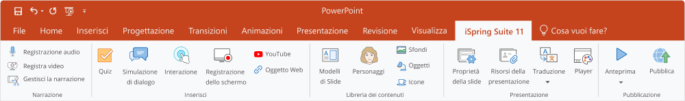 La barra degli strumenti di iSpring Suite 11