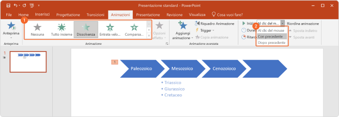 Il menù delle animazioni della SmartArt