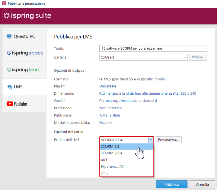 iSpring Suite Opzioni di pubblicazione di iSpring Suite