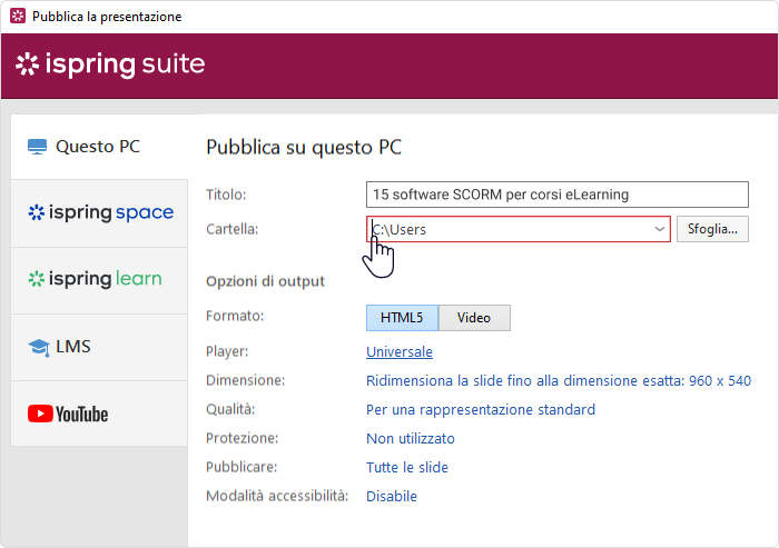 Personalizza le impostazioni di output per i tuoi corsi SCORM Personalizza le impostazioni di output per creare un oggetto SCORM