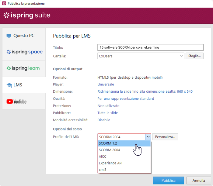 Converti il tuo corso in un pacchetto SCORM 1.2 o SCORM 2004. Su iSpring Suite puoi scegliere se convertire il tuo corso nel formato SCORM 1.2 o nel formato SCORM 2004.