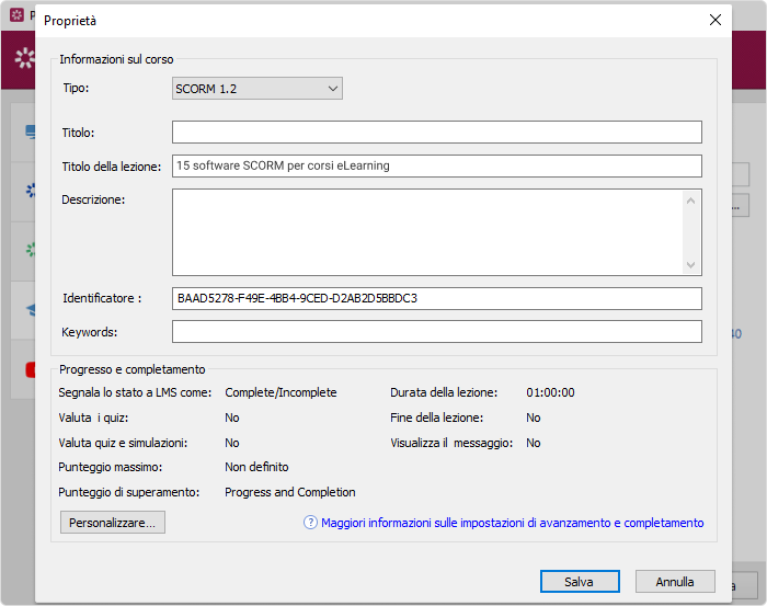 Personalizza le impostazioni per creare SCORM