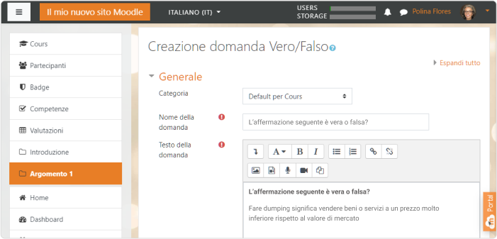 Aggiungere una domanda Vero/Falso in Moodle