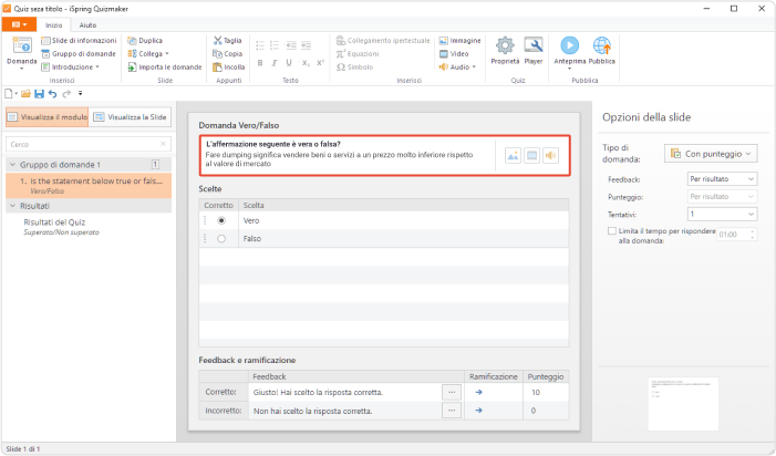 Una domanda Vero/Falso in iSpring QuizMaker