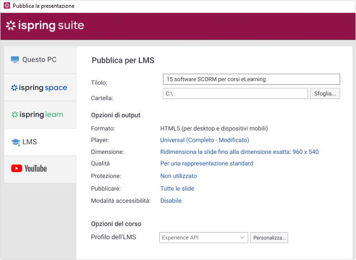 La sezione LMS del menù di pubblicazione di iSpring Suite La sezione LMS del menù di pubblicazione di iSpring Suite