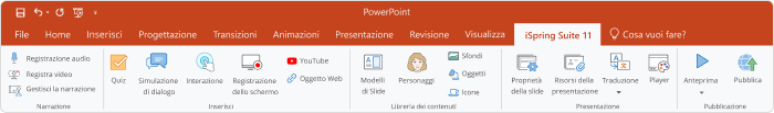 La sezione dell’editor SCORM iSpring Suite 11 all’interno di PowerPoint