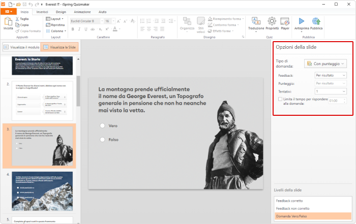 Opzioni diapositive in iSpring QuizMaker