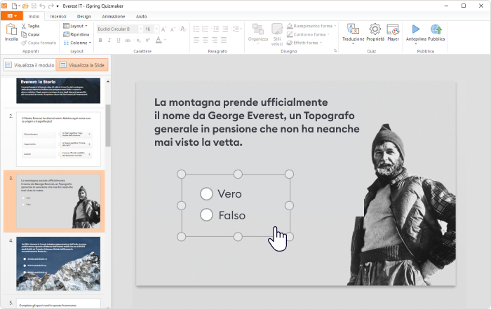 Impostare il design delle diapositive in iSpring QuizMaker