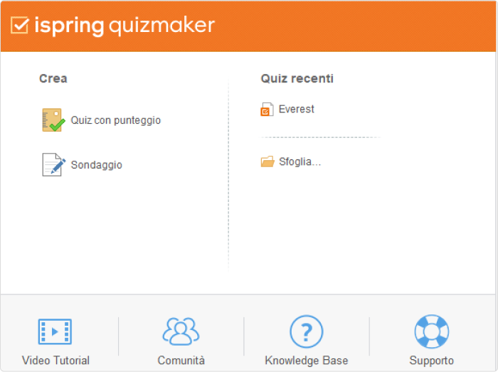 Quiz con punteggio Come fare sondaggi con iSpring QuizMaker facile: si parte da questa schermata