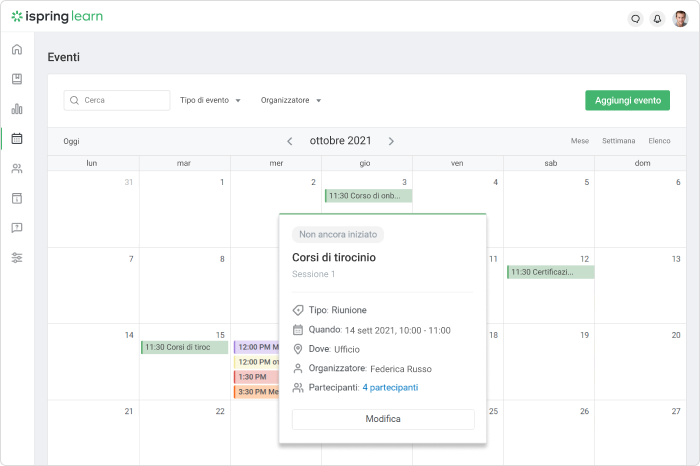 Calendario degli eventi in iSpring Learn