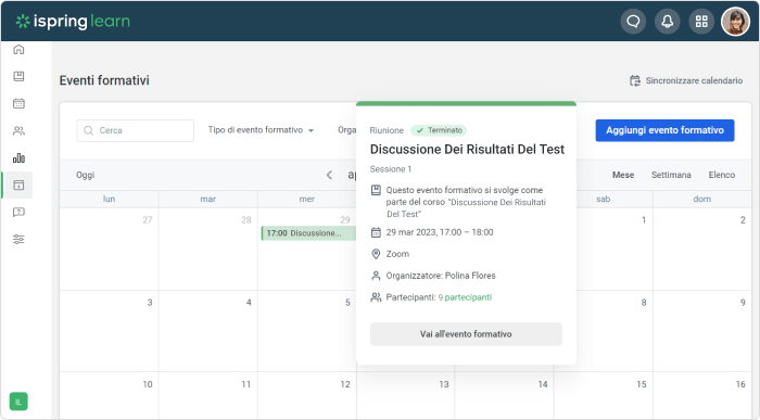 Con iSpring Learn LMS potete usare il calendario degli eventi