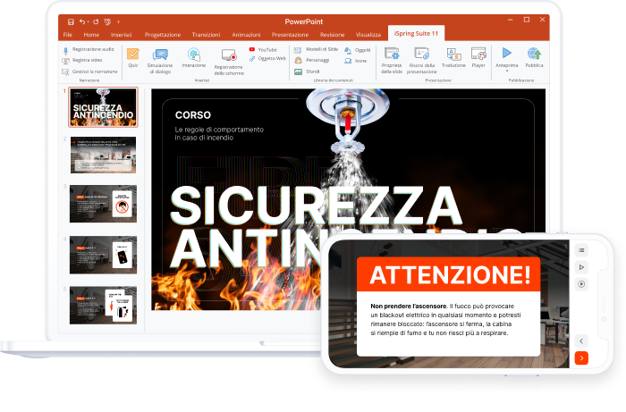 iSpring Suite fornisce tanti strumenti per creare un corso antincendio in modo rapido e semplice