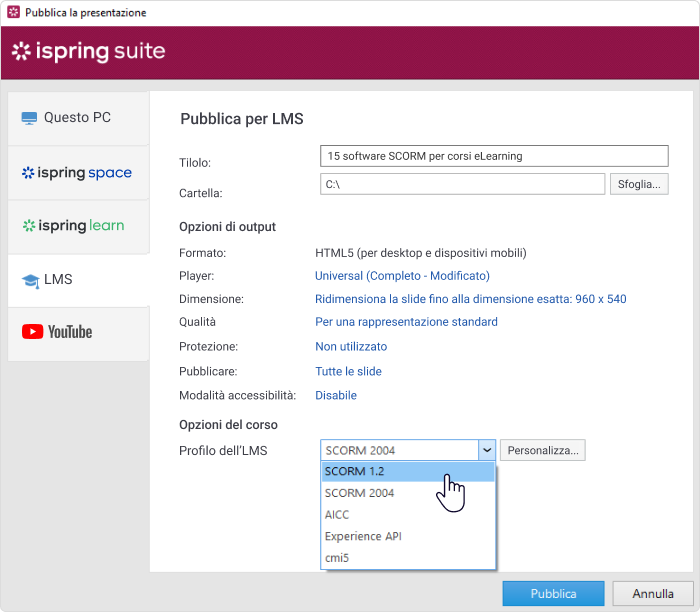 Con iSpring Suite potete pubblicare in vari formati, compreso SCORM