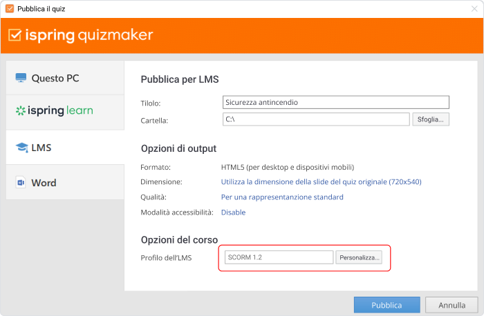 Con iSpring Suite e QuizMaker si può importare un quiz in Moodle in formato SCORM 1.2 con pochi click