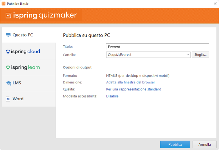 Pubblicazione in iSpring QuizMaker