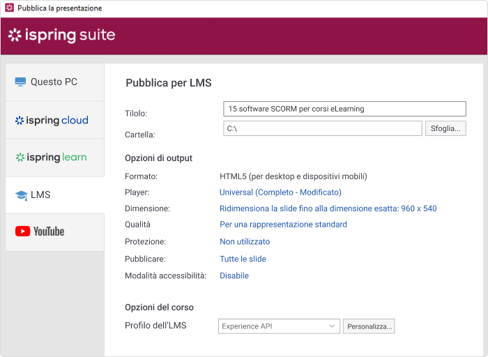 La sezione LMS del menù di pubblicazione di iSpring Suite La sezione LMS del menù di pubblicazione di iSpring Suite