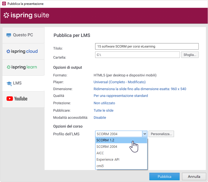 Su iSpring Suite puoi scegliere se convertire il tuo corso nel formato SCORM 1.2 o nel formato SCORM 2004.