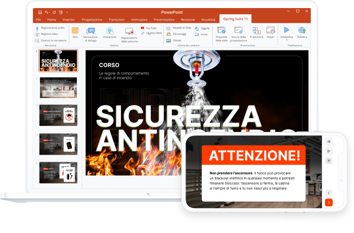 iSpring Suite funziona direttamente dentro PowerPoint e permette di realizzare presentazioni interattive
