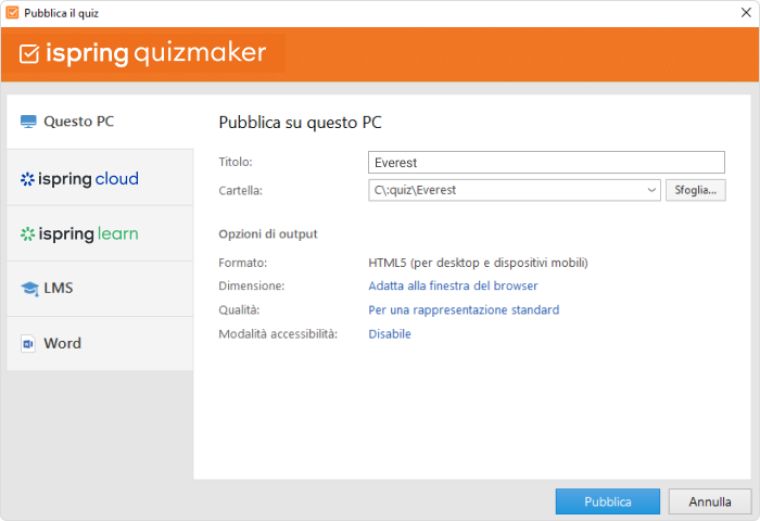 iSpring QuizMaker ti consente di pubblicare i quiz per una piattaforma LMS come Moodle